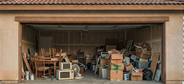 Before - cluttered garage full of junk